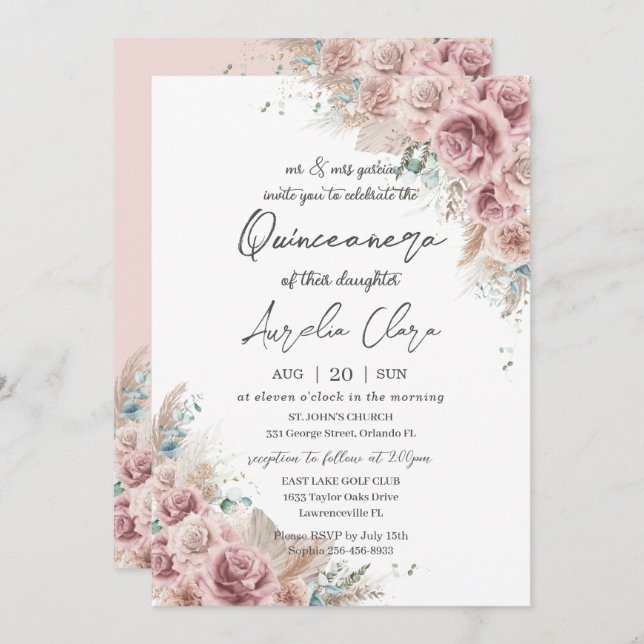 Invitation Quinceañera Boho Blush Dusty Rose Floral Pampas (Devant / Derrière)