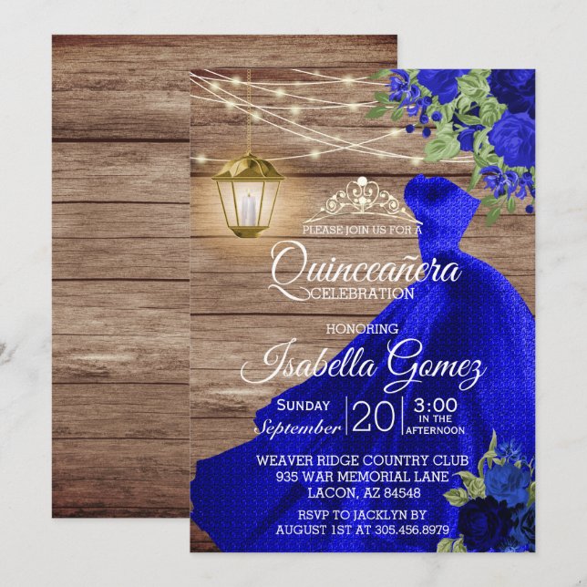 Invitation Quinceañera Bois et Fleurs Bleues Foncé (Devant / Derrière)