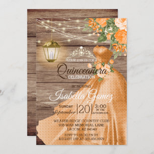 Invitation Quinceañera Bois et fleurs orange