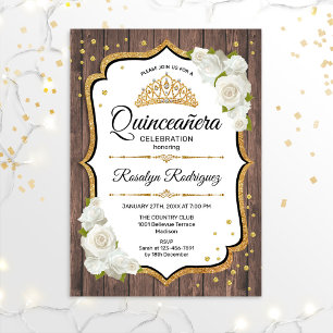 Invitation Quinceanera - Bois rustique Or blanc