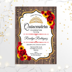 Invitation Quinceanera - Bois rustique Roses de tournesols bl