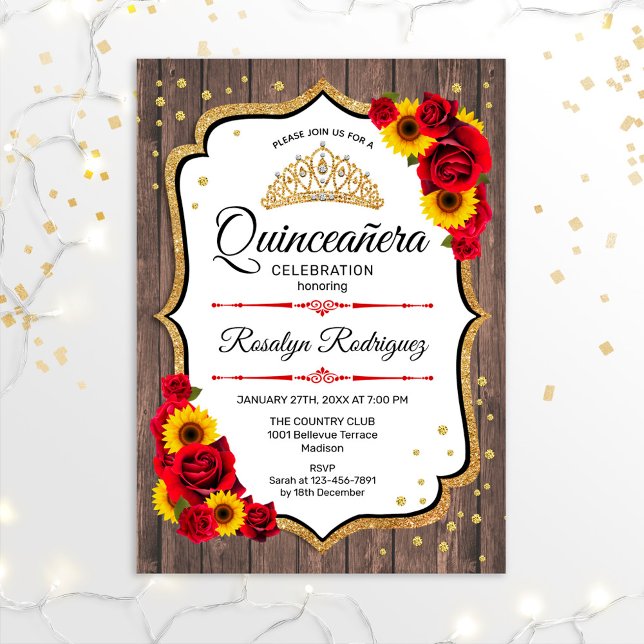 Invitation Quinceanera - Bois rustique Roses de tournesols bl (Créateur téléchargé)