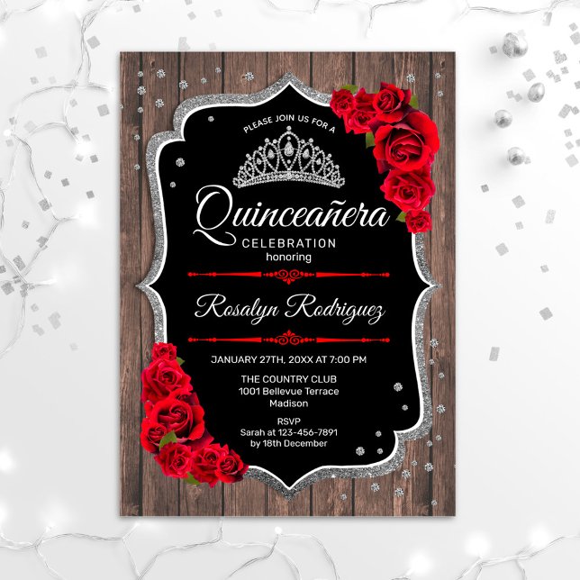 Invitation Quinceanera - Bois rustique Rouge Argent (Créateur téléchargé)