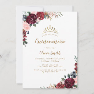 Invitation Quinceanera bordeaux boho à fleurs rustiques