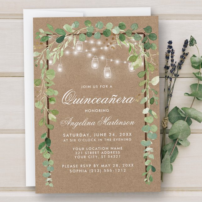 Invitation Quinceanera Botanique Vert Bois Cadre Kraft (Customize to add more text or photos to back of card.)