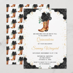 Invitation Quinceañera Bottine de Cow-Boy Florale Noir et Or