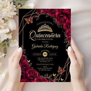 Invitation Quinceanera Bourgogne Black Gold Floral