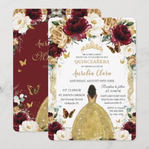 Invitation Quinceañera Bourgogne Blanc Or Floral Brown fille