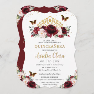 Invitation Quinceañera Bourgogne Blush Floral Gold Crown