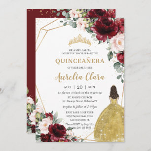 Invitation Quinceañera Bourgogne Blush Floral Or robe Couronn
