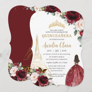 Invitation Quinceañera Bourgogne Blush Floral Paris Gold Crow