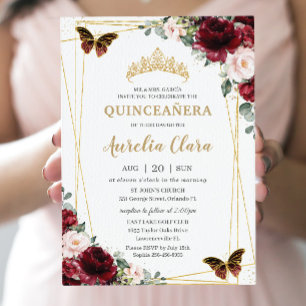 Invitation Quinceañera Bourgogne Blush Floral Princesse Tiara