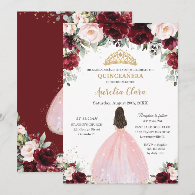 Invitation Quinceañera Bourgogne Blush Floral Rose Couronne (Devant / Derrière)