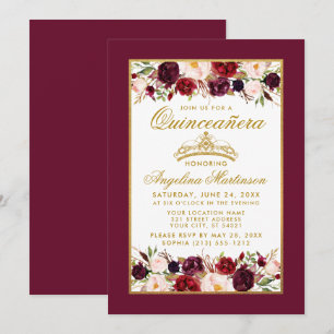 Invitation Quinceanera Bourgogne Floral Couronne Or Frame