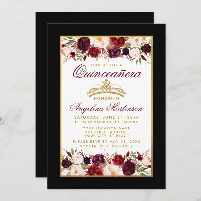 Invitation Quinceanera Bourgogne Floral Couronne Or Noir (Devant / Derrière)