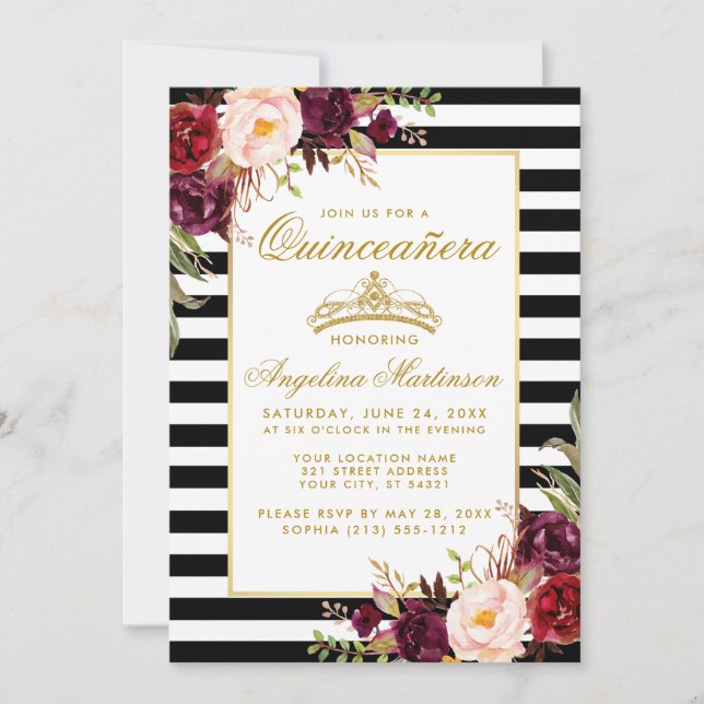 Invitation Quinceanera Bourgogne Floral Couronne or rayé (Devant)