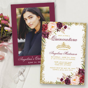 Invitation Quinceanera Bourgogne Floral Gold Crown Photo