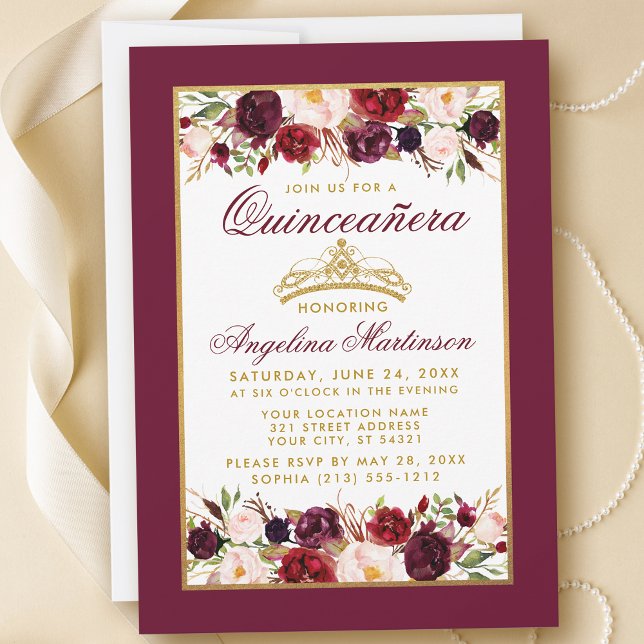 Invitation Quinceanera Bourgogne Floral Gold Frame Crown (Customize to change text color, style, add text & photos to back or change color of back of card.)