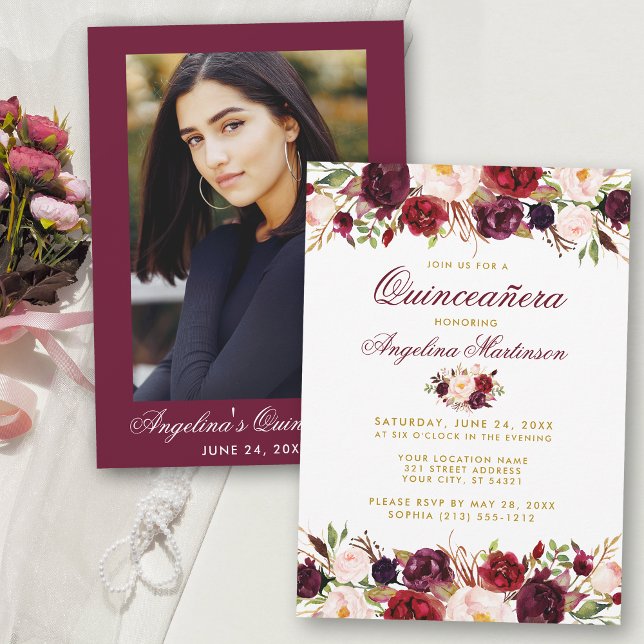 Invitation Quinceanera Bourgogne Floral Gold Photo (Customize to change text size or text style.)