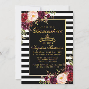Invitation Quinceanera Bourgogne Floral Grandes Couronne Or