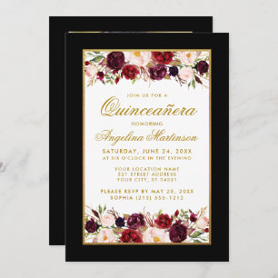 Invitation Quinceanera Bourgogne Floral Noir Blanc Or Photo