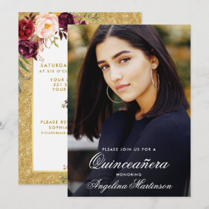 Invitation Quinceanera Bourgogne Floral Photo Parties scintil