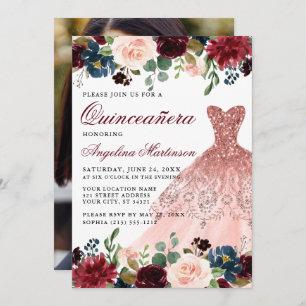 Invitation Quinceanera Bourgogne Floral Photo Rose Rosée