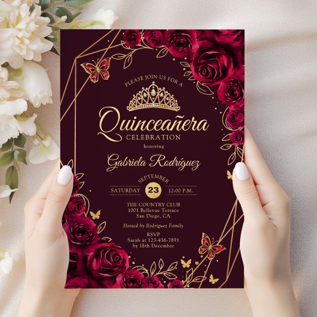 Invitation Quinceanera Bourgogne Gold Floral (Créateur téléchargé)