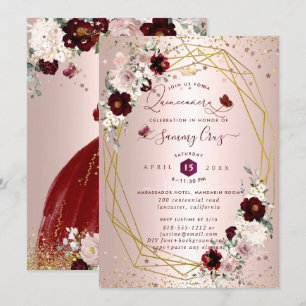 Invitation Quinceanera Bourgogne H2 Fleurs Dusty Rose Blush I