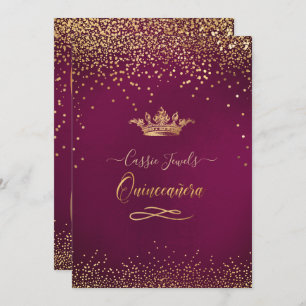 Invitation Quinceanera Bourgogne Or Confetti+Princesse Couron