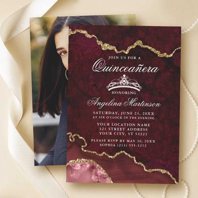 Invitation Quinceanera Bourgogne Or Marbre Agate Géode Photo (Customize to change text size or text style.)