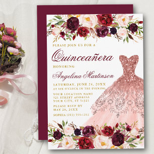 Invitation Quinceanera Bourgogne Parties scintillant Florale