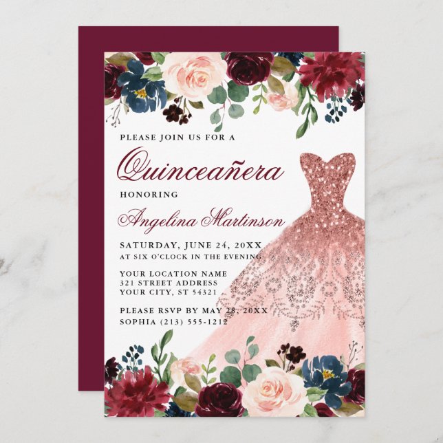 Invitation Quinceanera Bourgogne Parties scintillant Florale  (Devant / Derrière)