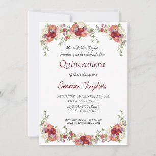 Invitation Quinceañera Bourgogne Peony Floral Anniversaire