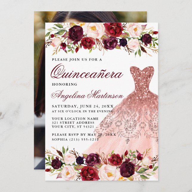 Invitation Quinceanera Bourgogne Robe de Parties scintillant  (Devant / Derrière)