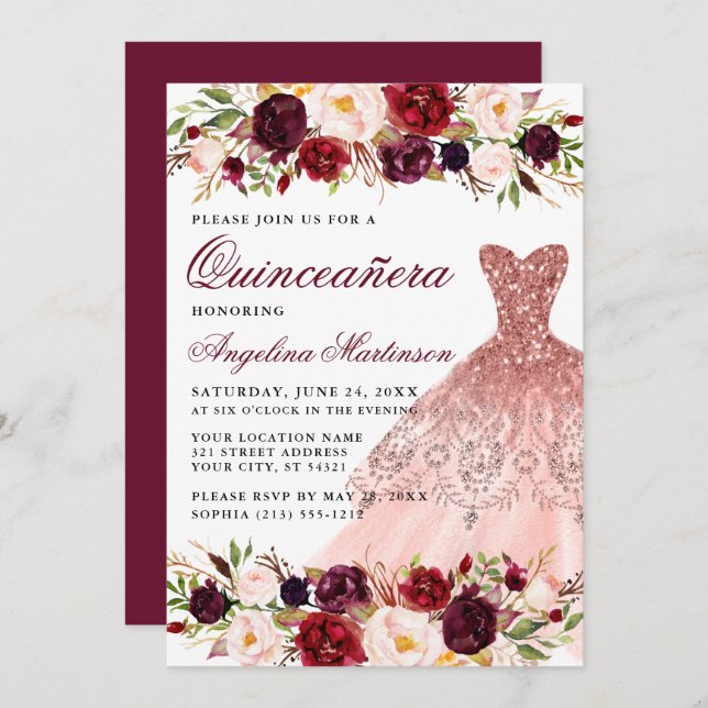 Invitation Quinceanera Bourgogne Robe Florale Rose Parties sc (Devant / Derrière)