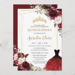 Invitation Quinceañera Bourgogne rose Floral Princesse Gown
