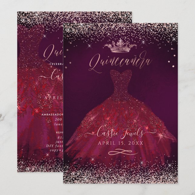 Invitation Quinceanera Bourgogne Rose Gold Confetti+Princesse (Devant / Derrière)