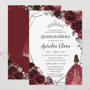 Invitation Quinceañera Bourgogne Rouge Floral Argent Princess
