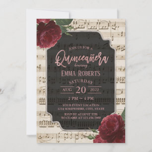 Invitation Quinceanera Bourgogne Rouge Floral Musique Anniver