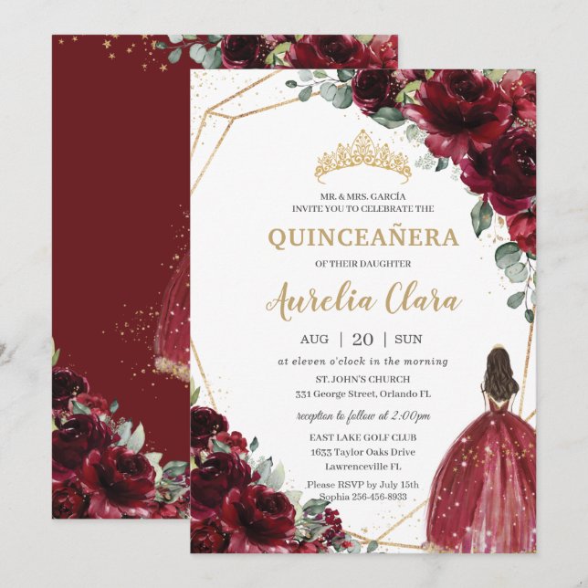 Invitation Quinceañera Bourgogne Rouge Floral Or Princesse (Devant / Derrière)