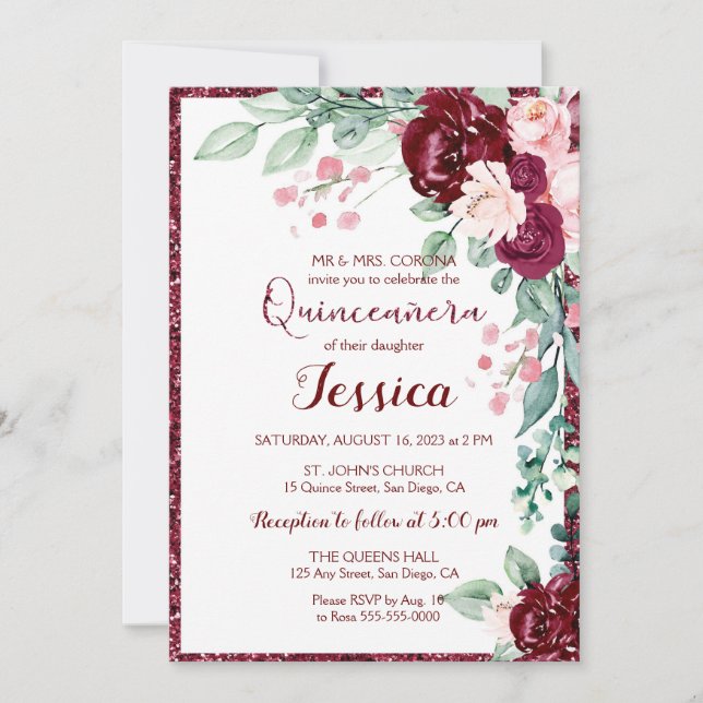 Invitation Quinceanera Bourgogne Rouge Floral Parties scintil (Devant)