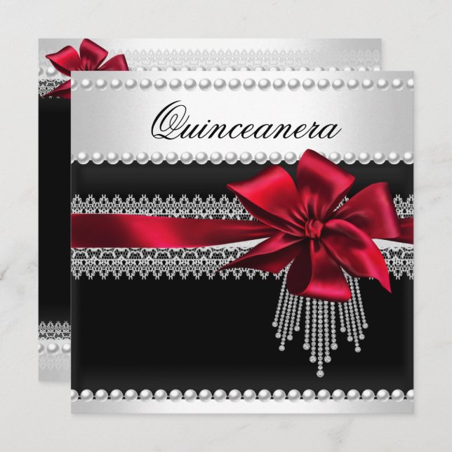 Invitation Quinceanera Bow rouge noir Pearl Lace Diamond (Devant / Derrière)