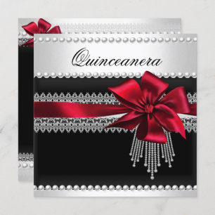 Invitation Quinceanera Bow rouge noir Pearl Lace Diamond