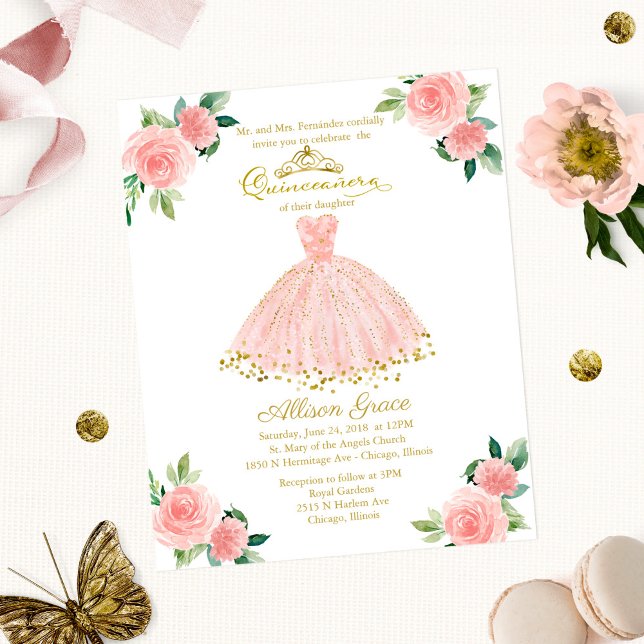 Invitation Quinceanera Budget Robe Gold Blush (Créateur téléchargé)