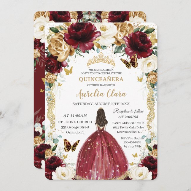 Invitation Quinceañera Burgundy Blanc Or Floral Robe Fille (Devant / Derrière)