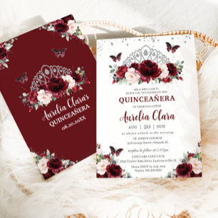 Invitation Quinceañera Burgundy Blush Floral Argent Couronne