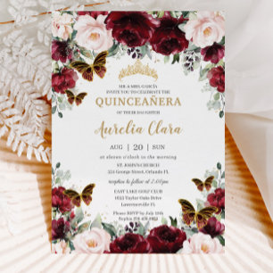 Invitation Quinceañera Burgundy Blush Floral Butterflies or