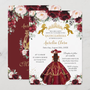 Invitation Quinceañera Burgundy Blush Floral Charro Hors