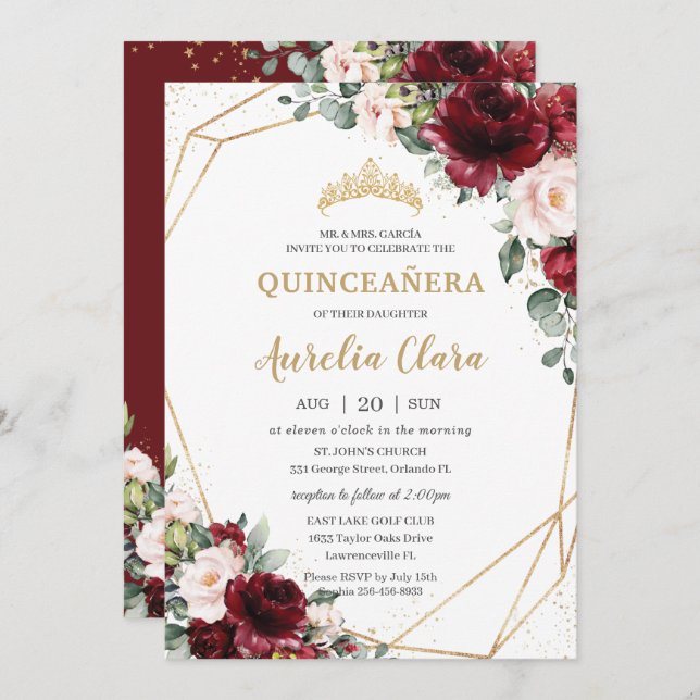 Invitation Quinceañera Burgundy Blush Floral Or géométrique (Devant / Derrière)